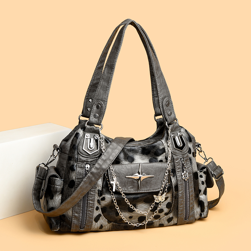 Women Bags Grey - Szara torebka z motywem leoparda, crossbody,